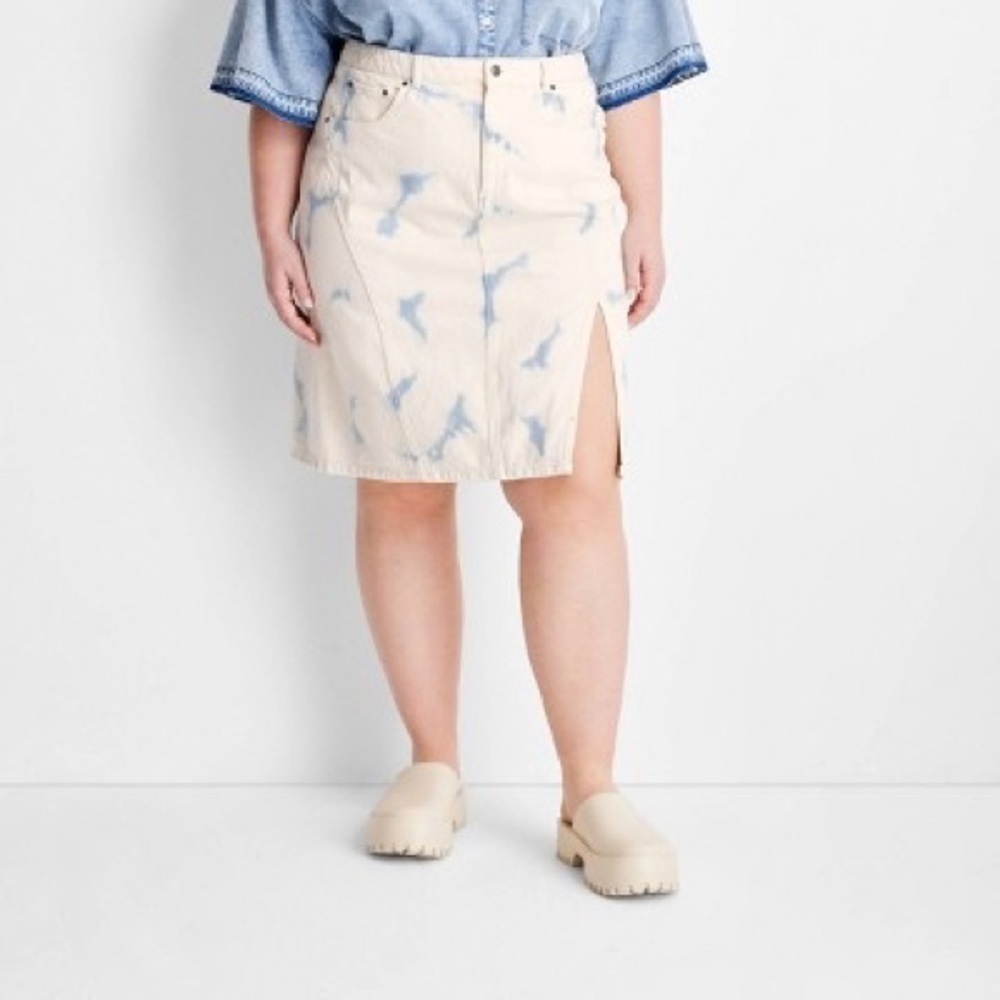Future Collective - Light Wash High Rise Midi Denim Skirt